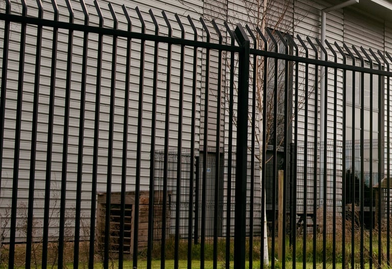 haute grille en métal devant bâtiment