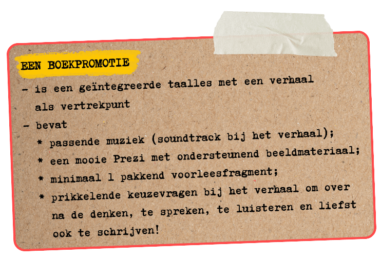 Dutch language lesson overview on a craft paper note detailing book promotion elements and storytelling.