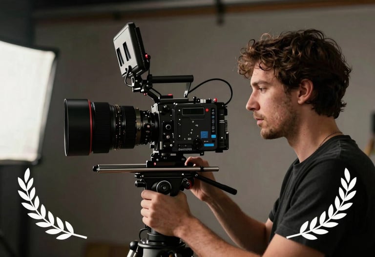 A professional filmmaker working on set, captured in a profile shot with dramatic cutting-edge lighting.