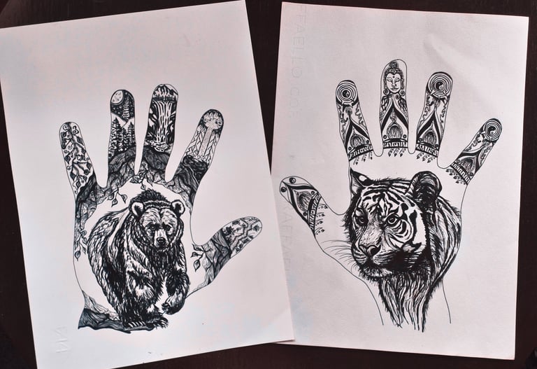 duo hand handgetekend krachtdier tijger beer