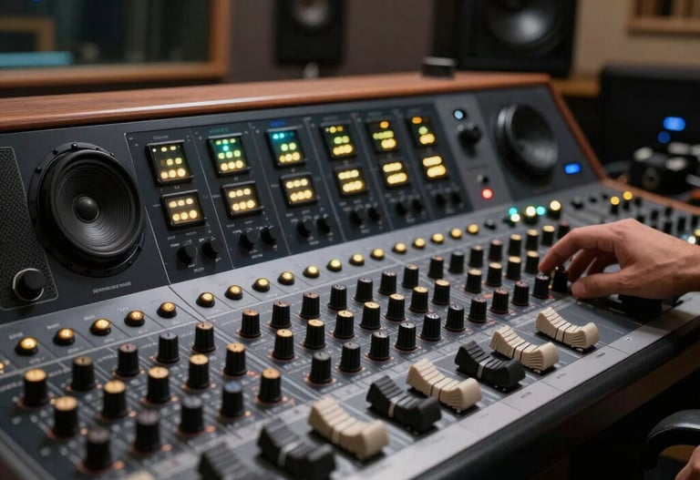Modern audio equipment and soundboards with tiny glowing gold indicators in a darkened, high-end recording studio in Morocco.