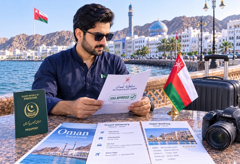 Pakistani family consulting a visa expert for an Oman visa application with passports