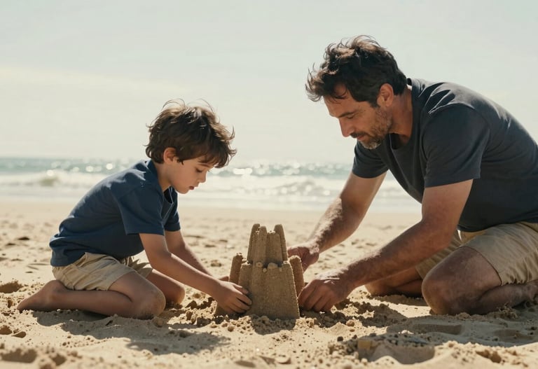 An authentic moment of a father and son building a sandcastle, charcoal shadows, warm cinematic lighting, sun-drenched beach.