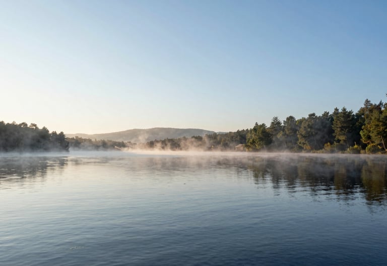 Landscape photography of a serene North American / US lake at dawn, mist rising from the water, clean and sophisticated composition, cool blue and Warm Off-white colors.