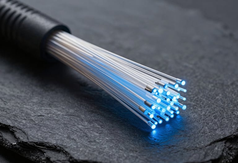 A macro shot of a fiber optic cable bundle glowing with soft steel blue light against a dark slate grey background, symbolizing high-speed secure data transmission.