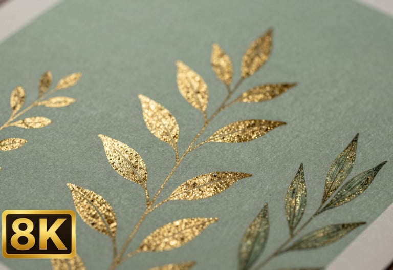 A close-up detail of an illustration showing delicate gold leaf accents shimmering on a sage green botanical drawing under soft, focused lighting.