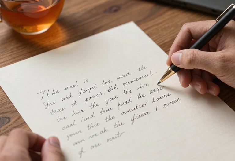 A detailed shot of a hand-written letter on a wooden table next to a cup of tea. Warm, authentic lifestyle lighting.