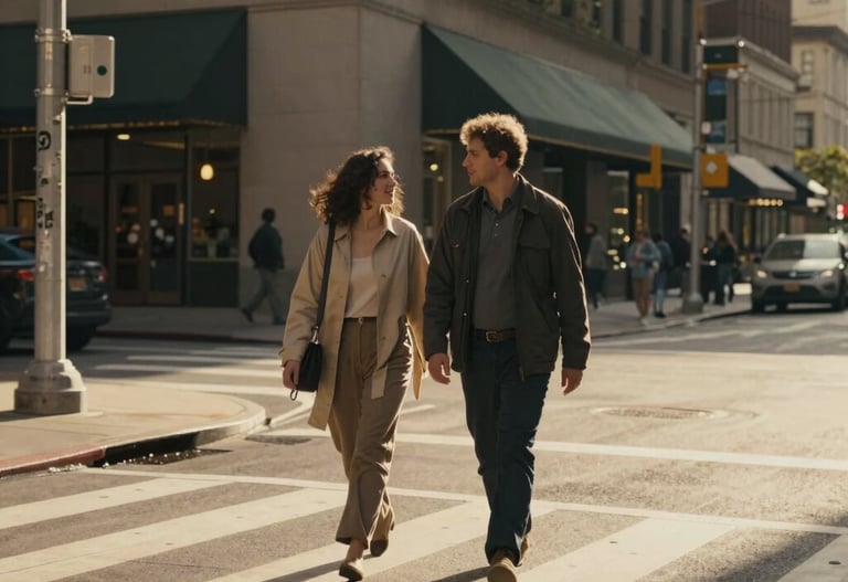 Candid shot of a couple walking across a city crosswalk in a US downtown, warm golden light, cinematic perspective, soft charcoal tones.