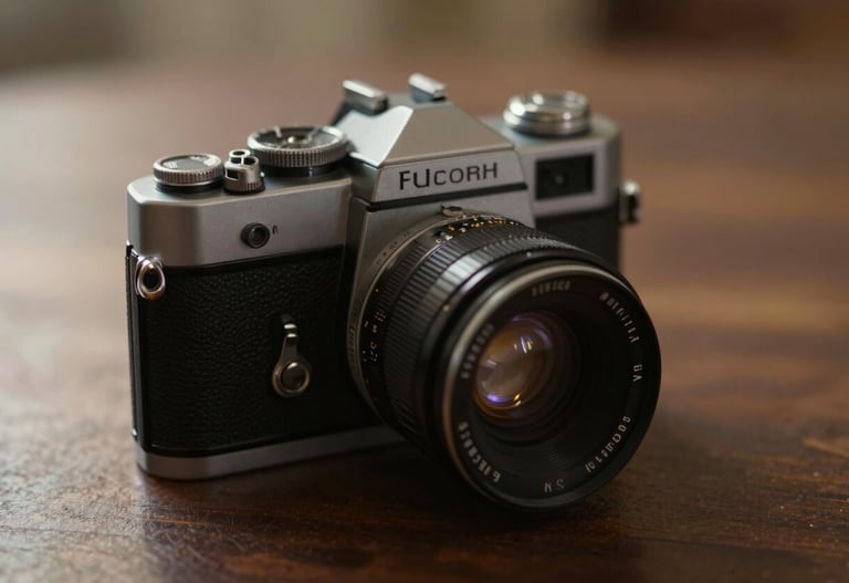 A vintage manual camera resting on a dark wood surface, warm sidelighting highlighting the metallic details.
