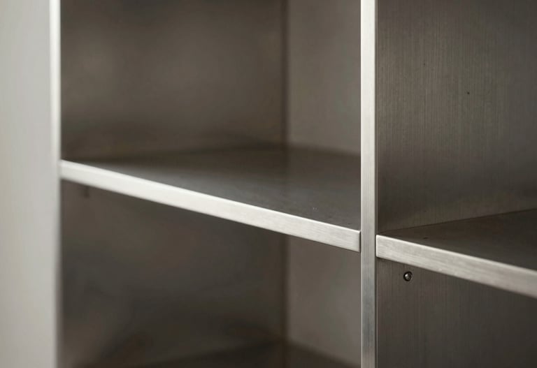 Side view of a luxury stainless steel bookshelf. The metal is polished to a mirror finish, reflecting a minimalist interior. Technical precision in every corner and joint.