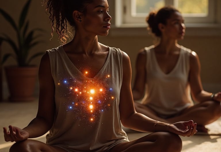 practitioner meditating with student with galaxy in chest grow my soul