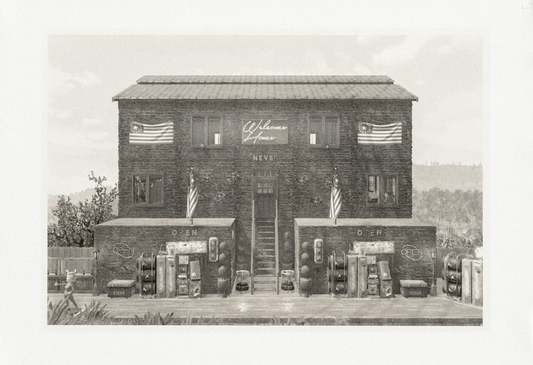 Type 1.5.11. by Maxim Zmeyev: Fallout 76 shop C.A.M.P. with flags, signs and vending machines