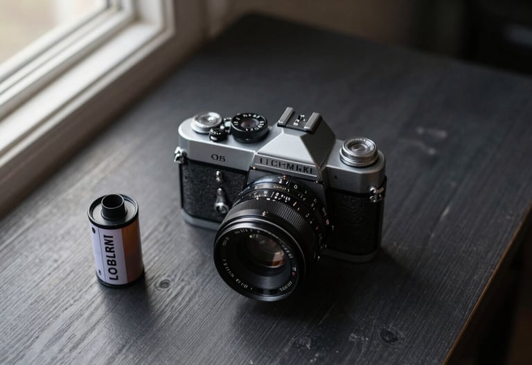 A top-down still life of an old mechanical film camera and rolls of film on a dark charcoal wooden table. Soft, off-white light spills from a nearby window. A classic Global / Western interior setting.