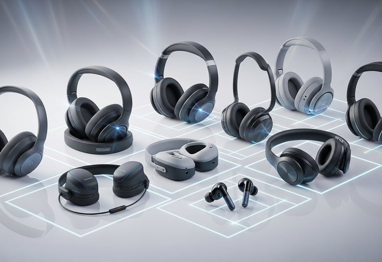 um grupo de fones de ouvido e auriculares em exposição