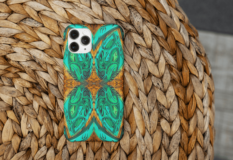 a phone case with a green butterfly on it