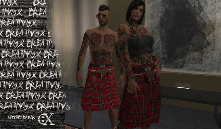 a man and woman in plaidered kilts
