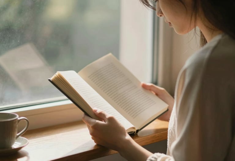 A person reading by a window, warm afternoon light, peaceful cinematic atmosphere, authentic lifestyle moment.