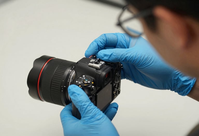 A close-up of a technician's hands wearing blue gloves, carefully calibrating a modern digital camera sensor, off-white background, professional focus.