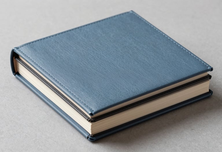 A stack of elegant social event albums, slate blue covers with charcoal black accents, professional product photography, clean composition.