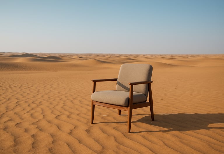 Een eenzame stoel in een woestijn, symbool voor de bezinnende momenten van moreel leiderschap.