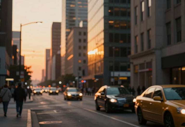 Atmospheric city street at sunset, golden light reflecting off buildings, a cinematic capture of urban lifestyle and connection.
