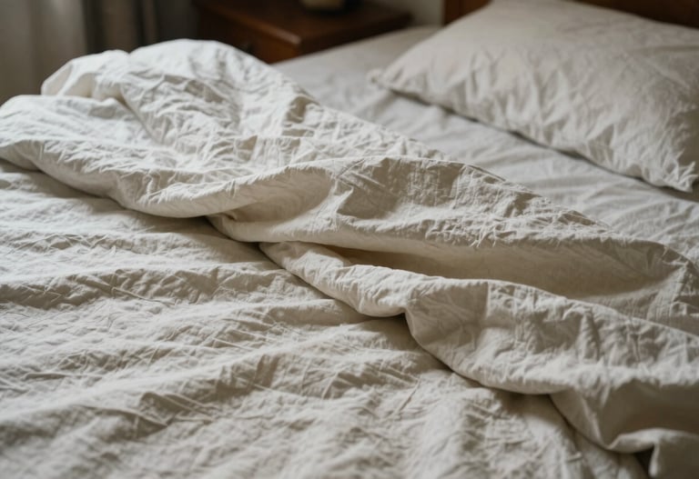 Analogue photograph of an unmade bed with Soft off-white linen, capturing the absence of a body in a South American / Argentine home.