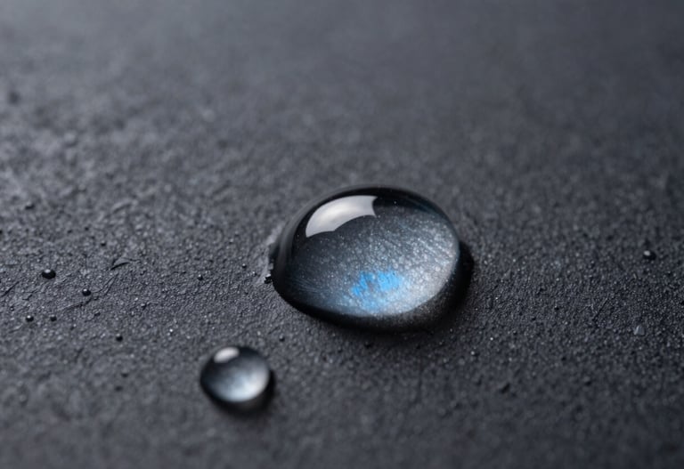 Macro photography of clear water droplets on a dark charcoal surface, reflecting a baby blue light. The image is crisp, clean, and highlights minimalist beauty and texture.