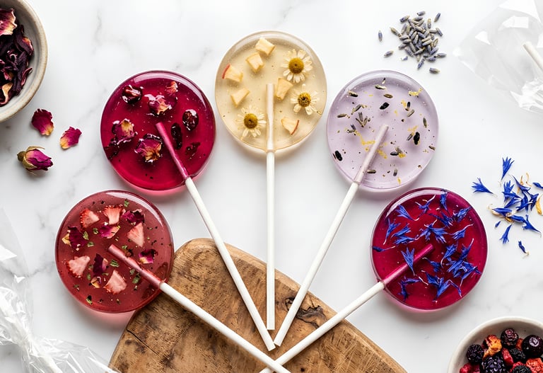 Handmade gourmet lollipops with edible flowers and herbs on a marble background.