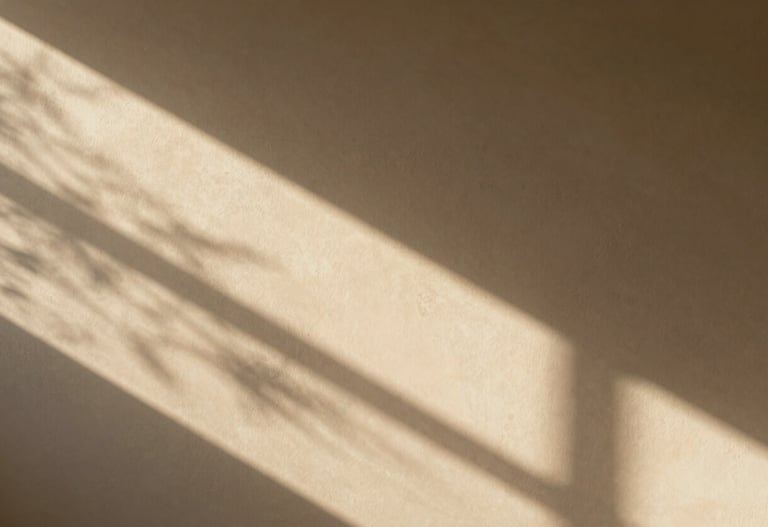 Abstract shot of sun-drenched light patterns on a soft sand colored wall in a North American / US apartment. Cinematic shadows.