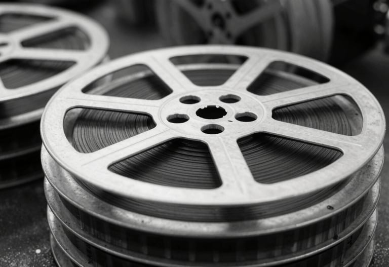 A collection of film reels in a stack, high-contrast black and white photography using #0F0F0F and #F5F5F5, industrial and classic cinema aesthetic.