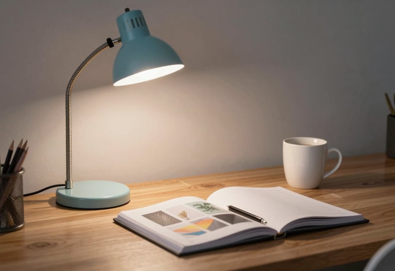 A creative desk setup in a North American / US apartment featuring a sky blue lamp, a coffee mug, and design journals.
