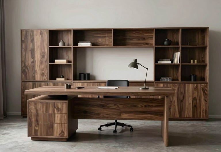 Interior shot of a minimalist home office designed with custom furniture. Professional photography style, Northern European aesthetic, sharp focus on clean lines and textures.