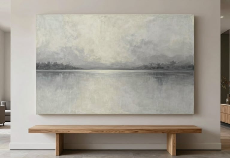 A large-scale atmospheric painting in soft greys and off-whites, styled above a minimalist oak console table in a contemporary North American entryway.