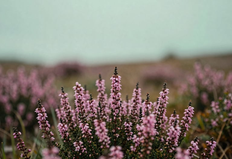 Soft focus shot of pink mountain heather in a North American / US alpine meadow, sophisticated sage and mint green background, calm artistic expression.