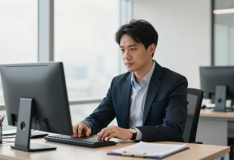 A professional in a modern North American / US executive office, captured with soft alabaster white natural light, high-end editorial photography style.