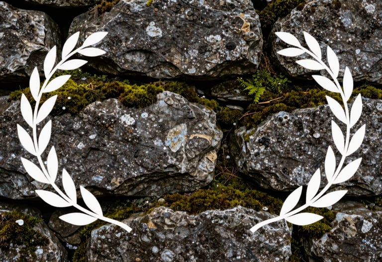 A close-up of a rustic stone wall with moss growing in the crevices, highlighting natural textures and ebony shadows.