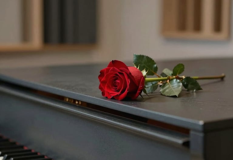 A minimalist artistic photograph showing a singular red rose on top of a dark gray piano in a North American music studio, soft natural lighting.