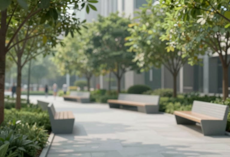 A digital rendering of a green urban space with minimalist benches and structured trees, using a muted brand-aligned palette.