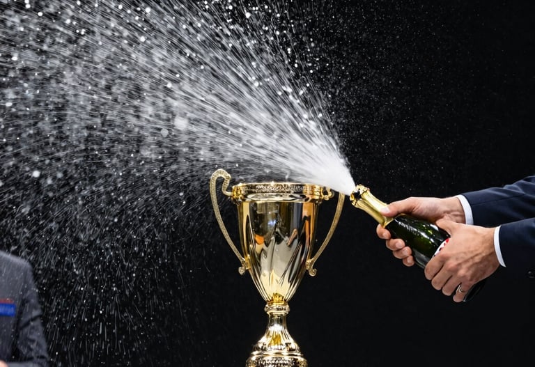 Vertical shot of a trophy ceremony, spraying champagne captured in mid-air with high speed shutter, bright light, North American / US podium celebration.