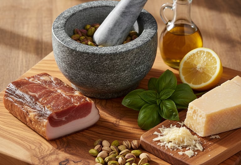 Pistachio pesto ingredients with mortar, pestle, parmesan cheese, and pancetta on wood.