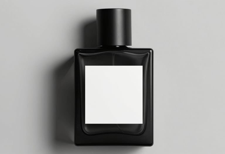A matte black glass perfume bottle with a minimalist white label, dramatic lighting against a light grey backdrop, #0A1118 and #ECF0F1.