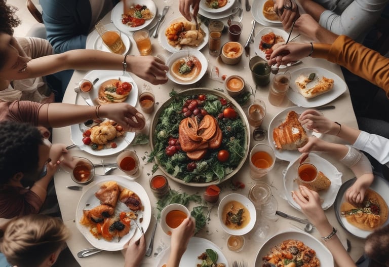 Close-up of hands arranging fresh wildflowers and herbs on a rustic wooden table.