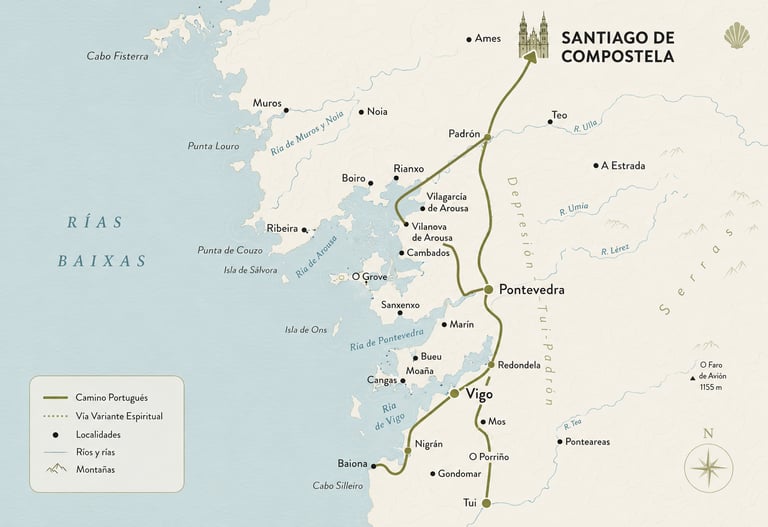 Mapa de las variantes del Camino Portugués en Galicia