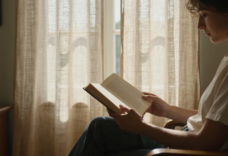 Candid photography of a person reading a book in a sunlit room, linen curtains, warm sand tones, authentic European / Portuguese home interior.