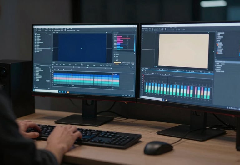 A professional editing bay in a dimly lit studio, with dual monitors displaying advanced color grading software on 4K footage. Sophisticated, precision mood. Incorporating #1B263B, #415A77, #A0B0C0, #E0E1DD.