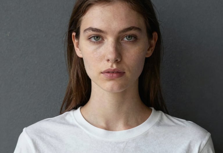 Portrait of a model in minimalist attire against a textured dark gray wall, sharp focus on eyes, creative studio lighting, professional fashion style.