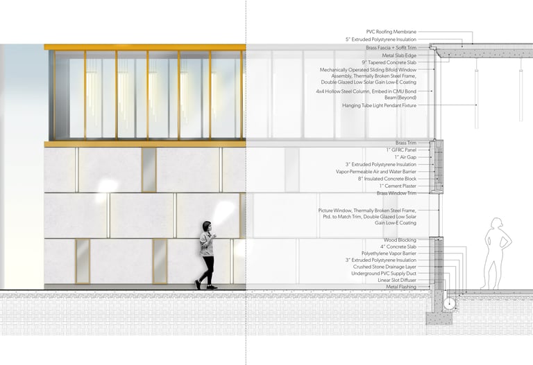 An elevation and wall section drawing of a building