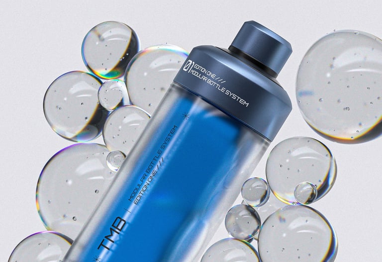 Second render of the modular bottle, with 3D bubbles behind