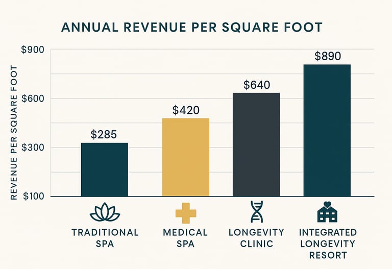 Bar chart comparing revenue per square foot across four wellness models showing longevity clinics