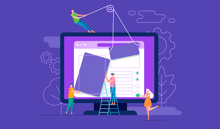 Ilustración de personas construyendo un sitio web con una laptop y herramientas digitales